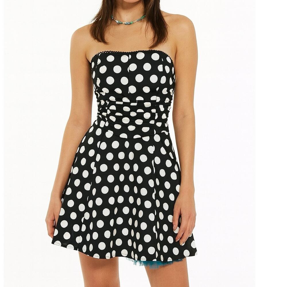 Vintage Y2K Polka Dot Strapless Mini Dress S Party Prom Formal Tulle Ruby Rox